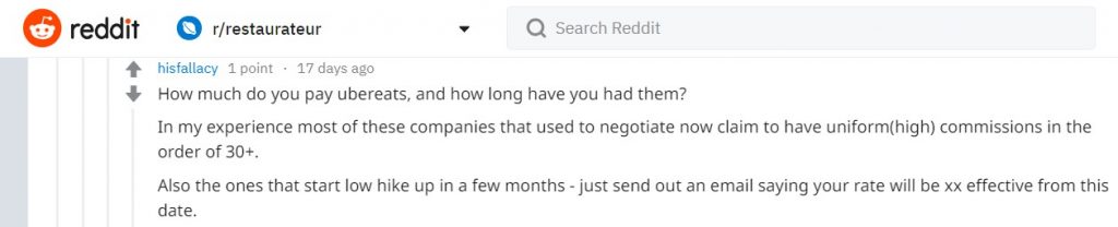 Reddit users reporting a negative impact on their restaurant brands when listing their business on online food portals