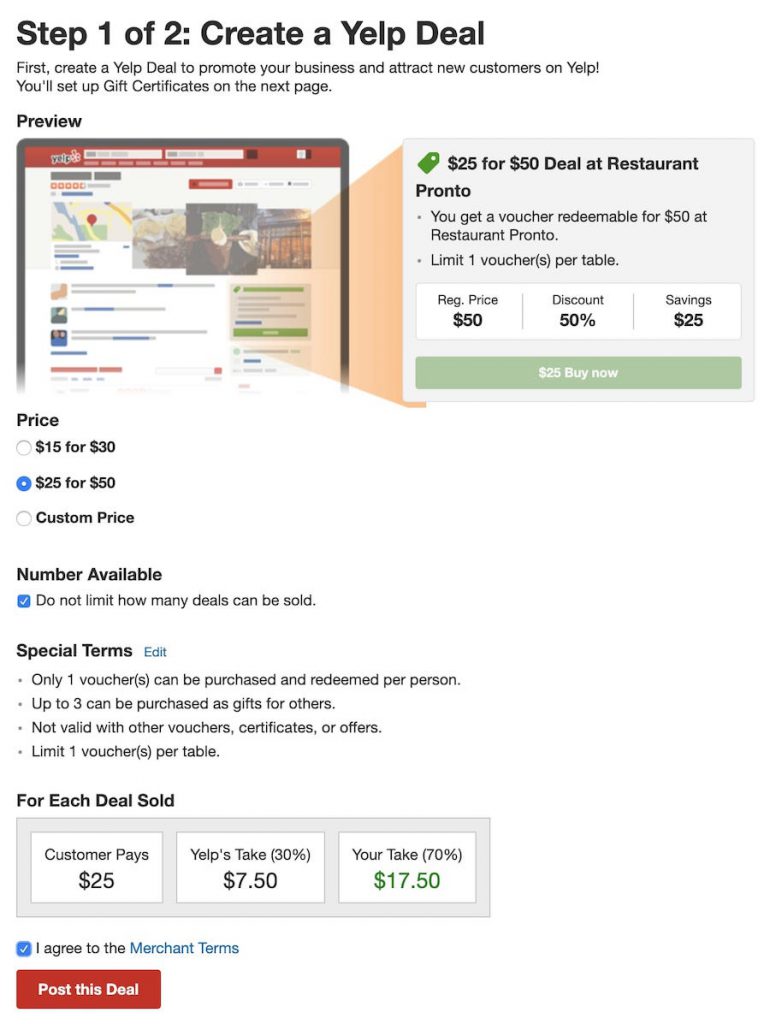 yelp deal setup