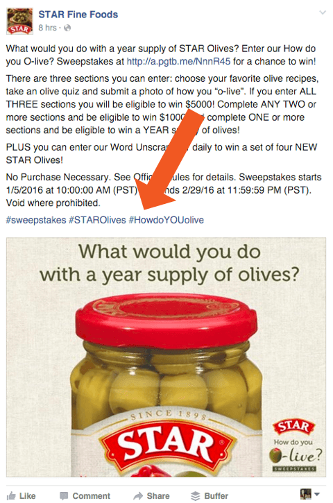 Facebook contest ideas to increase likes: example of unique hashtag